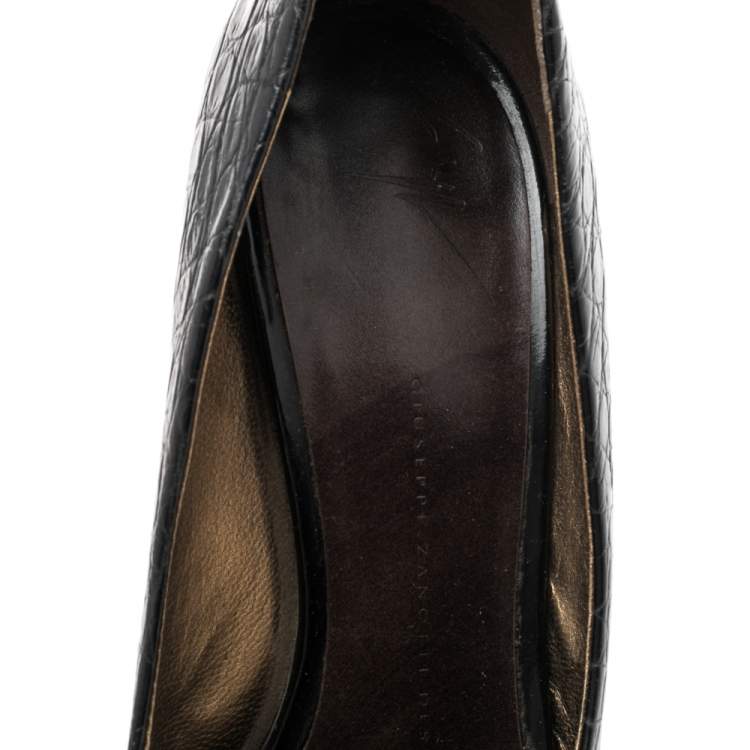 Pre Owned Giuseppe Zanotti Black Croc Embossed Leather  Crystal Embellished Peep Toe Platform Pumps Size 39.5