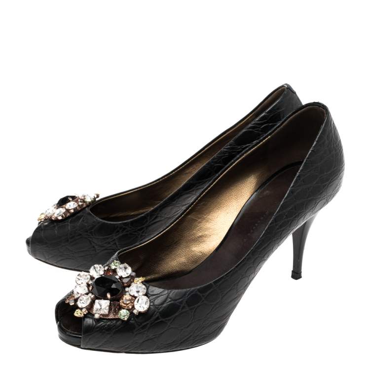 Pre Owned Giuseppe Zanotti Black Croc Embossed Leather  Crystal Embellished Peep Toe Platform Pumps Size 39.5