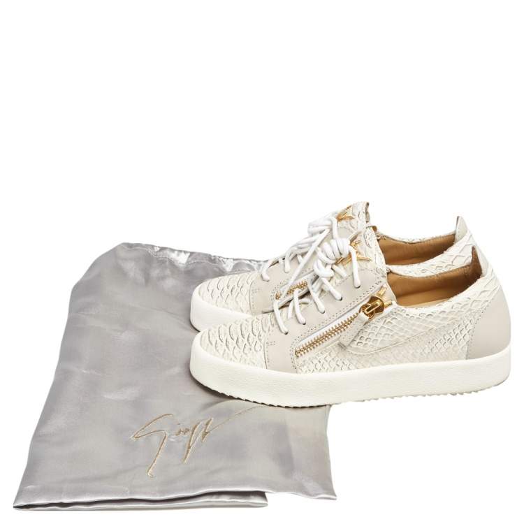 Pre Owned Giuseppe Zanotti  Grey Python Embossed Leather and Leather Lace up Sneakers Size 37.5
