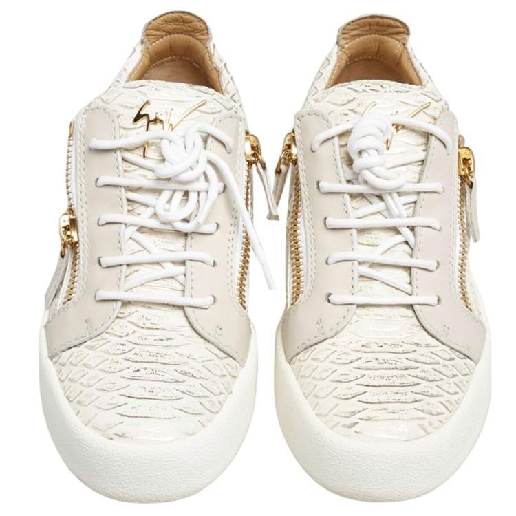 Pre Owned Giuseppe Zanotti  Grey Python Embossed Leather and Leather Lace up Sneakers Size 37.5