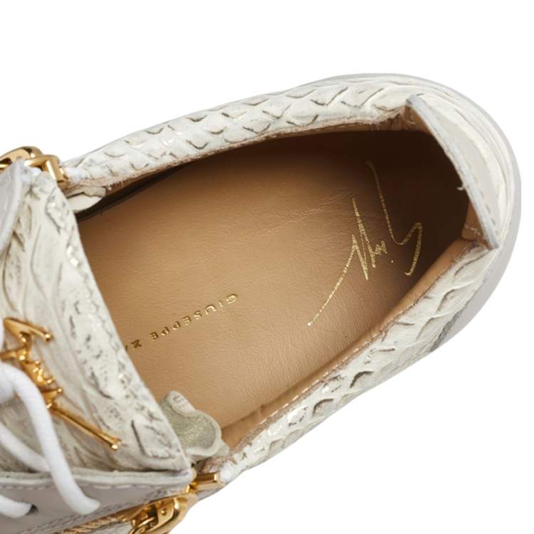Pre Owned Giuseppe Zanotti  Grey Python Embossed Leather and Leather Lace up Sneakers Size 37.5