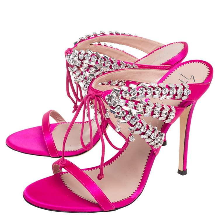 Pre Owned Giuseppe Zanotti Pink Satin Crystal Embellished Slide Sandals Size 39