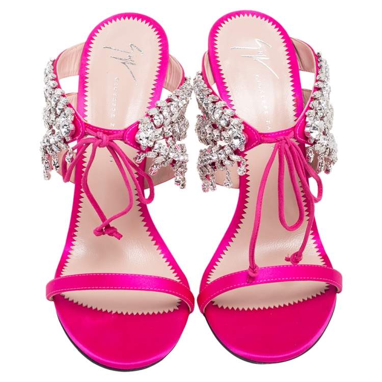 Pre Owned Giuseppe Zanotti Pink Satin Crystal Embellished Slide Sandals Size 39