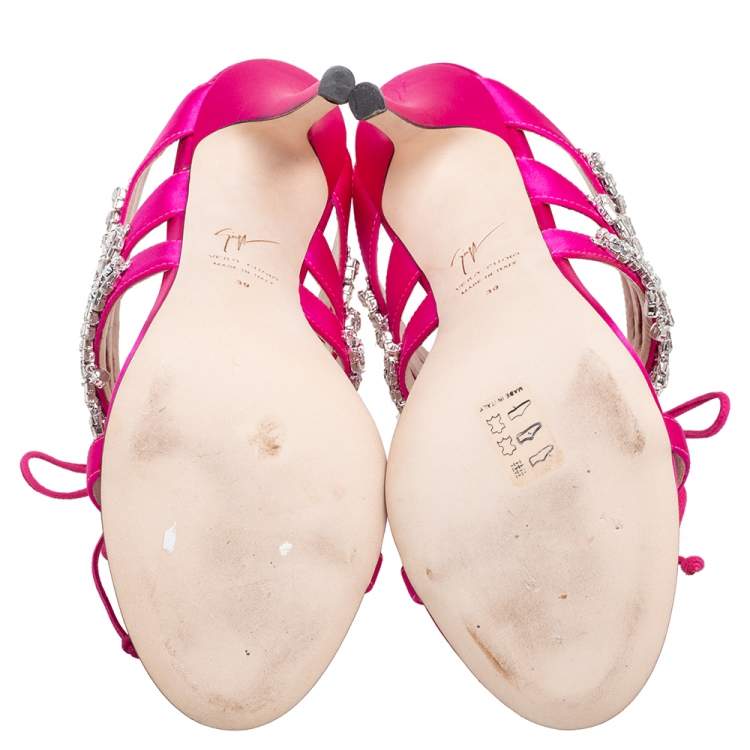 Pre Owned Giuseppe Zanotti Pink Satin Crystal Embellished Slide Sandals Size 39