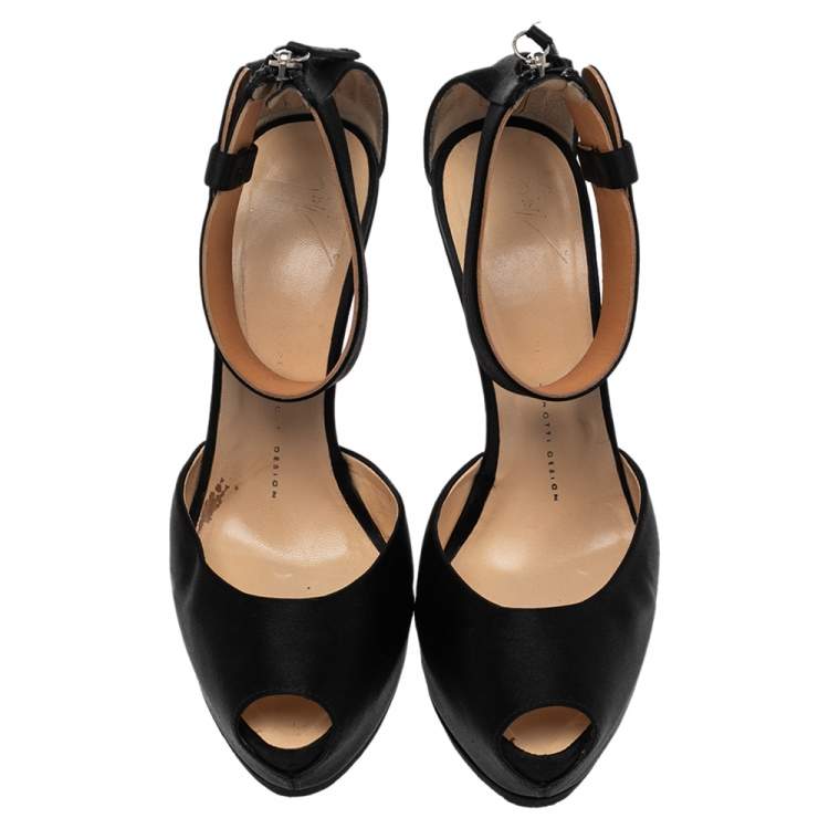 Pre Owned Giuseppe Zanotti Black Satin Peep Toe Platform Ankle Cuff Sandals Size 39