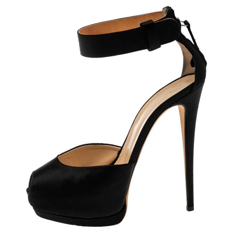 Pre Owned Giuseppe Zanotti Black Satin Peep Toe Platform Ankle Cuff Sandals Size 39