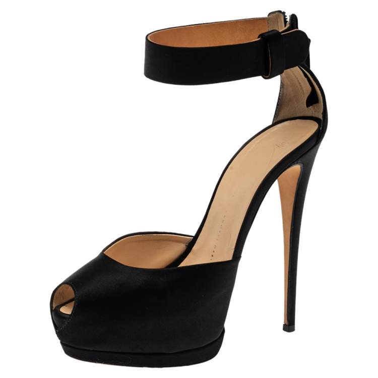 Pre Owned Giuseppe Zanotti Black Satin Peep Toe Platform Ankle Cuff Sandals Size 39