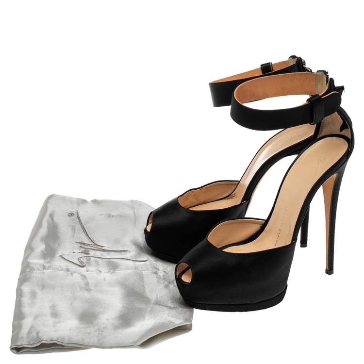 Pre Owned Giuseppe Zanotti Black Satin Peep Toe Platform Ankle Cuff Sandals Size 39