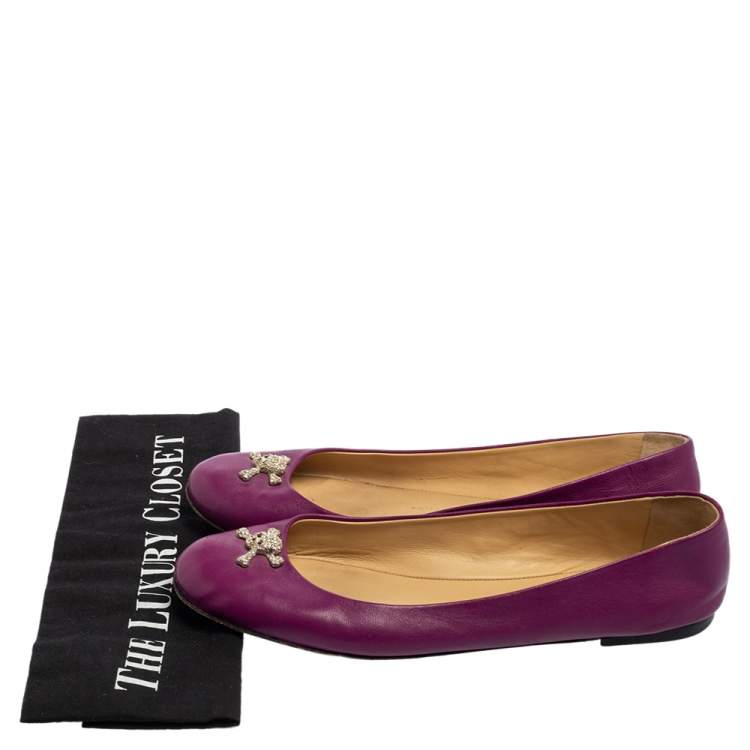 Pre Owned Giuseppe Zanotti Purple Leather Crystal Skull Embellishment Ballet Flats Size 39