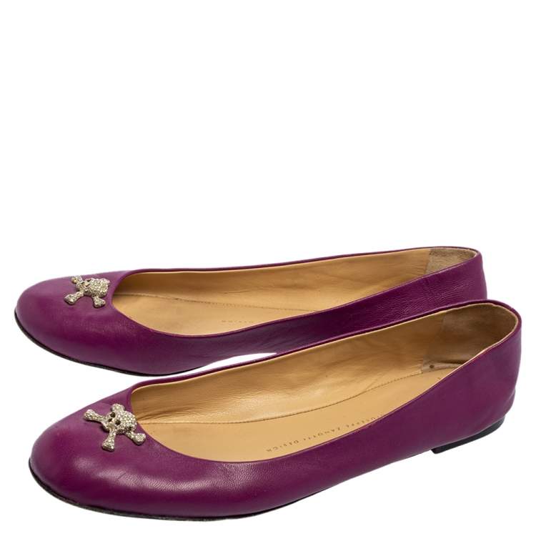 Pre Owned Giuseppe Zanotti Purple Leather Crystal Skull Embellishment Ballet Flats Size 39