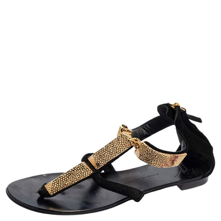Pre Owned Giuseppe Zanotti Black Suede Embellished Thong T-strap Sandals Size 39