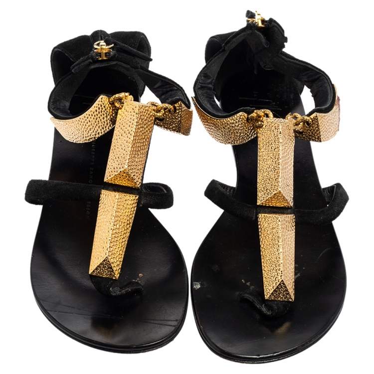Pre Owned Giuseppe Zanotti Black Suede Embellished Thong T-strap Sandals Size 39