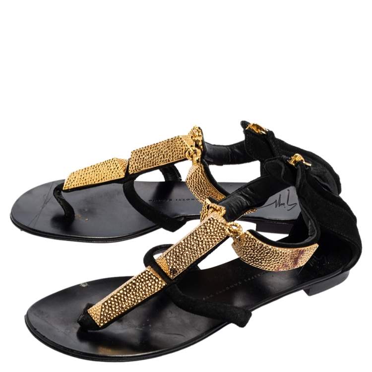 Pre Owned Giuseppe Zanotti Black Suede Embellished Thong T-strap Sandals Size 39