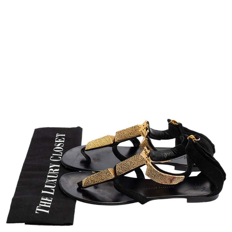 Pre Owned Giuseppe Zanotti Black Suede Embellished Thong T-strap Sandals Size 39