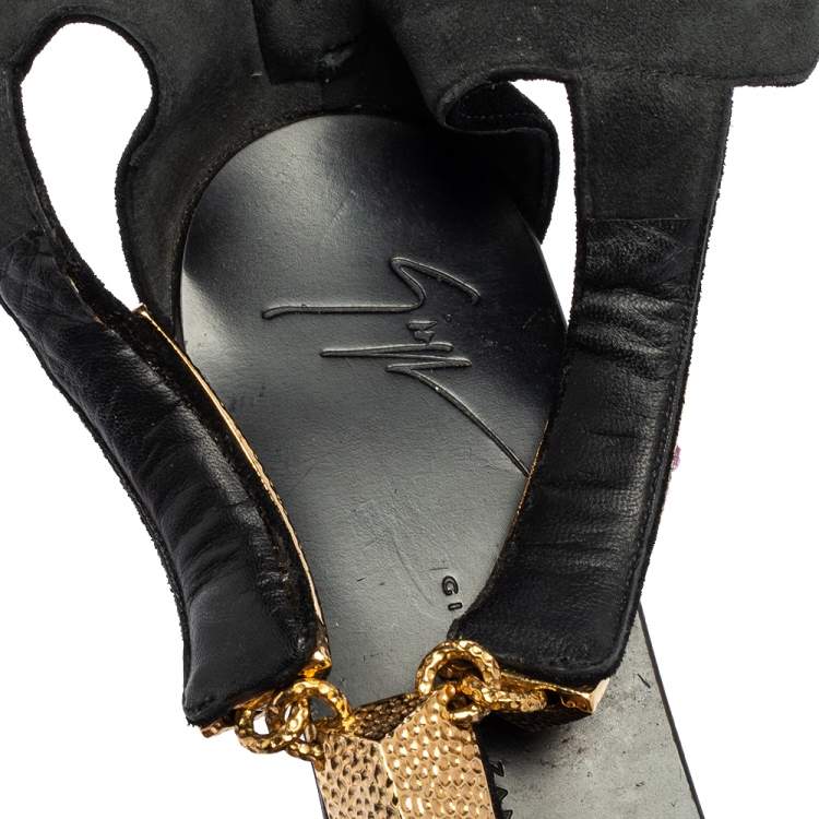 Pre Owned Giuseppe Zanotti Black Suede Embellished Thong T-strap Sandals Size 39