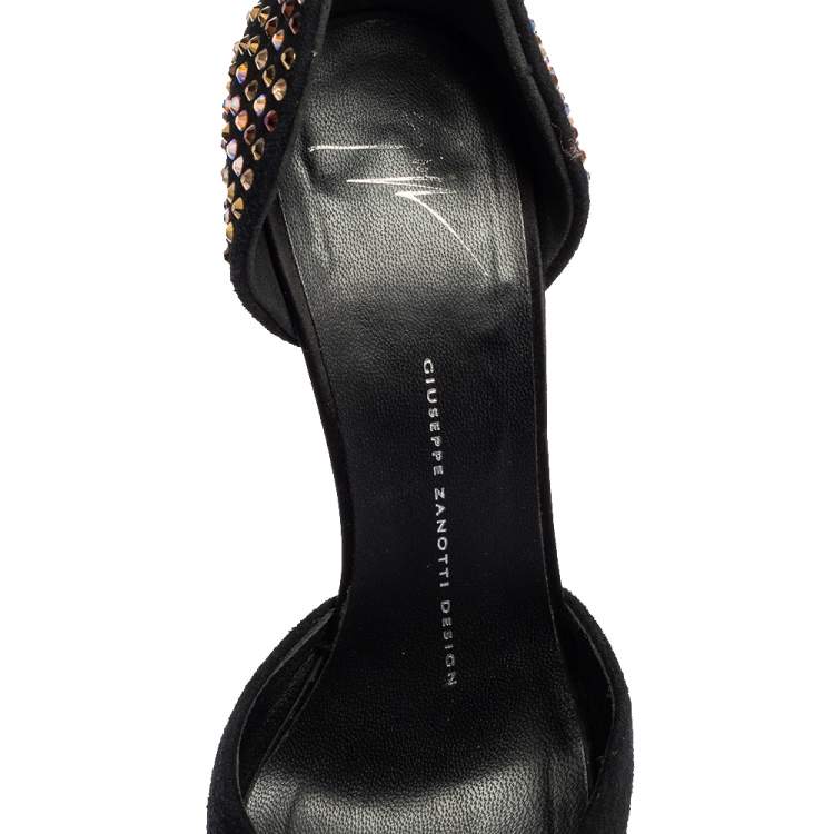 Pre Owned Giuseppe Zanotti Black Suede Crystal Embellished Ankle-Strap Peep-Toe Sandals Size 38