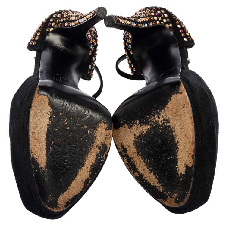 Pre Owned Giuseppe Zanotti Black Suede Crystal Embellished Ankle-Strap Peep-Toe Sandals Size 38