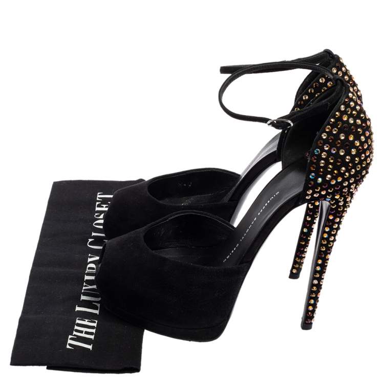 Pre Owned Giuseppe Zanotti Black Suede Crystal Embellished Ankle-Strap Peep-Toe Sandals Size 38