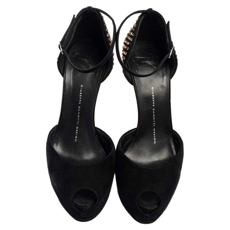 Pre Owned Giuseppe Zanotti Black Suede Crystal Embellished Ankle-Strap Peep-Toe Sandals Size 38
