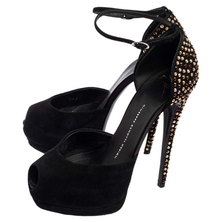 Pre Owned Giuseppe Zanotti Black Suede Crystal Embellished Ankle-Strap Peep-Toe Sandals Size 38