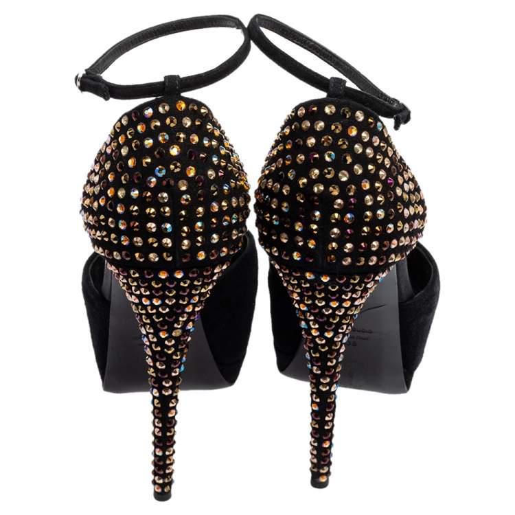Pre Owned Giuseppe Zanotti Black Suede Crystal Embellished Ankle-Strap Peep-Toe Sandals Size 38