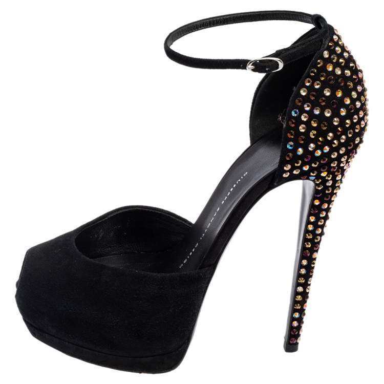Pre Owned Giuseppe Zanotti Black Suede Crystal Embellished Ankle-Strap Peep-Toe Sandals Size 38