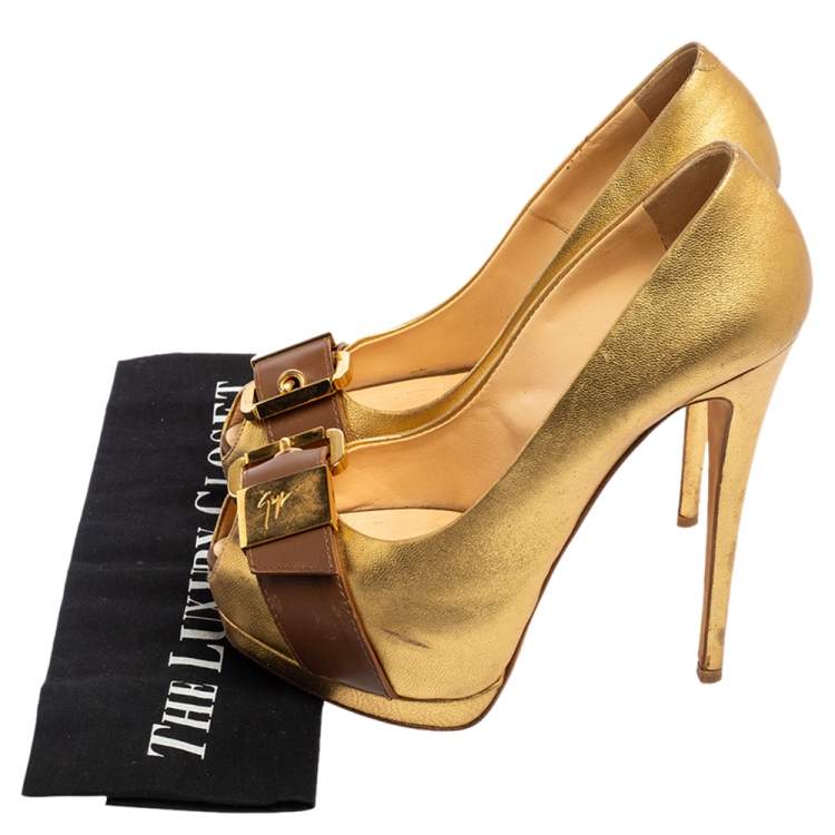 Pre Owned Giuseppe Zanotti Gold Leather Peep Toe Buckle Platform Pumps Size 38