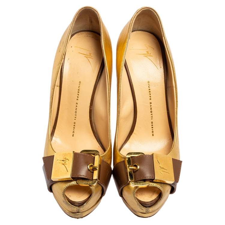 Pre Owned Giuseppe Zanotti Gold Leather Peep Toe Buckle Platform Pumps Size 38
