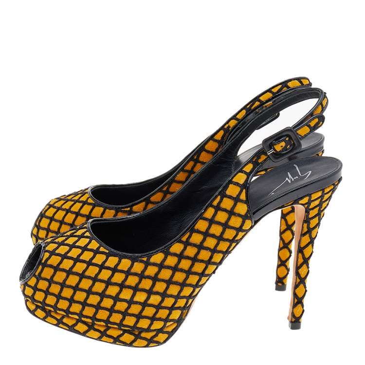 Pre Owned Giuseppe Zanotti Yellow/Black Suede And Fabric Platform Peep Toe Slingback Sandals Size 38.5