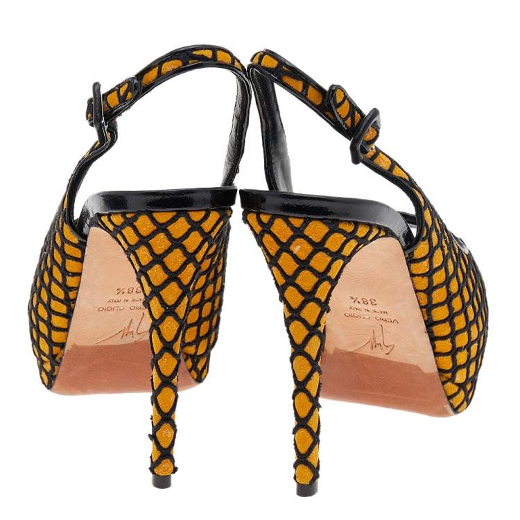Pre Owned Giuseppe Zanotti Yellow/Black Suede And Fabric Platform Peep Toe Slingback Sandals Size 38.5