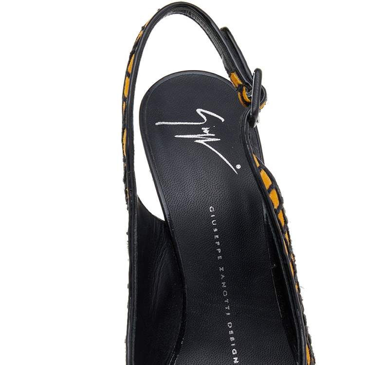 Pre Owned Giuseppe Zanotti Yellow/Black Suede And Fabric Platform Peep Toe Slingback Sandals Size 38.5