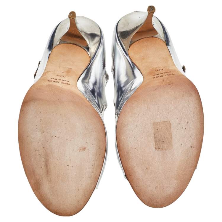 Pre Owned Giuseppe Zanotti Metallic Silver Leather Ankle Strap Pumps Size 38.5