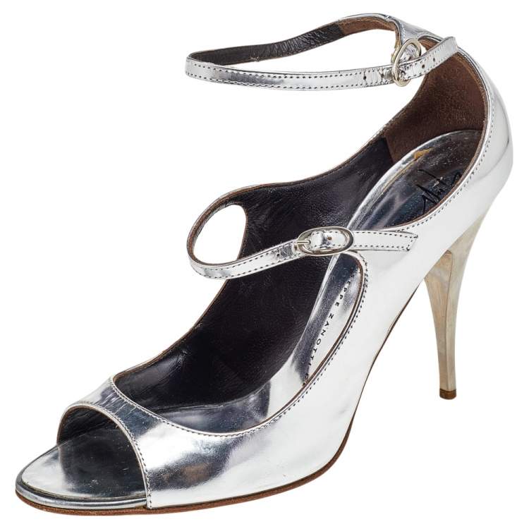 Pre Owned Giuseppe Zanotti Metallic Silver Leather Ankle Strap Pumps Size 38.5
