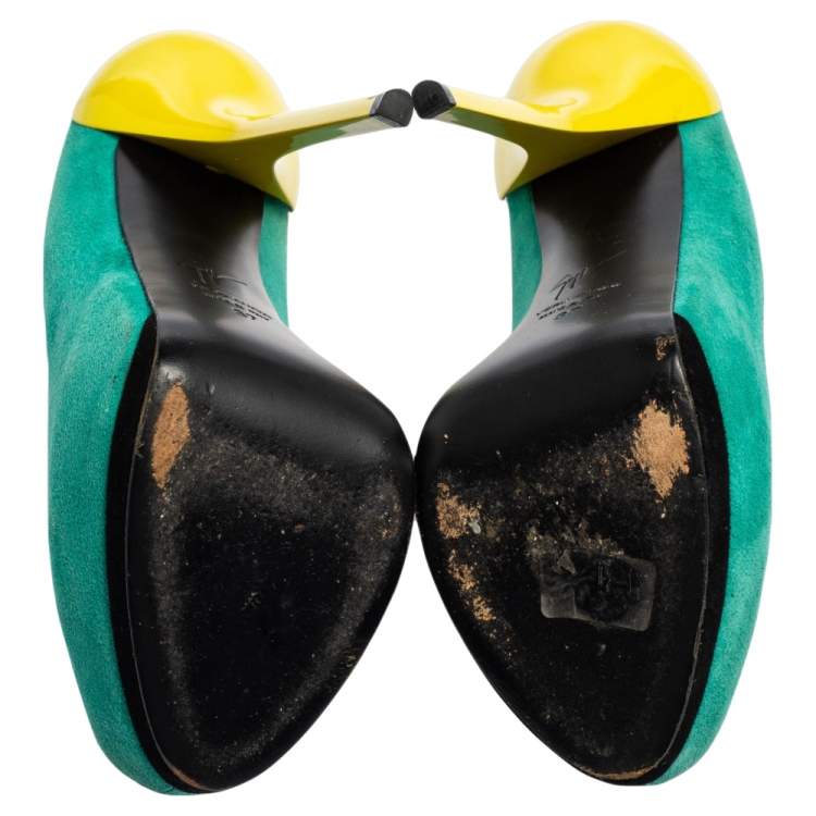 Pre Owned Giuseppe Zanotti Tri-Color Suede And Patent Leather Peep Toe Platform Pumps Size 37