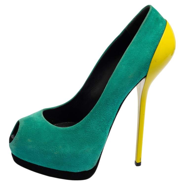 Pre Owned Giuseppe Zanotti Tri-Color Suede And Patent Leather Peep Toe Platform Pumps Size 37
