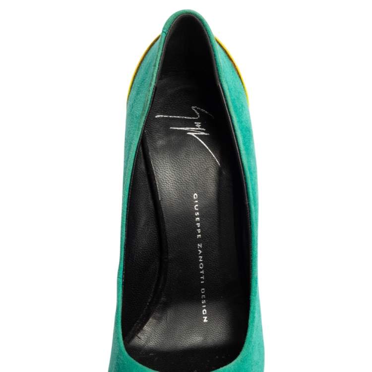 Pre Owned Giuseppe Zanotti Tri-Color Suede And Patent Leather Peep Toe Platform Pumps Size 37