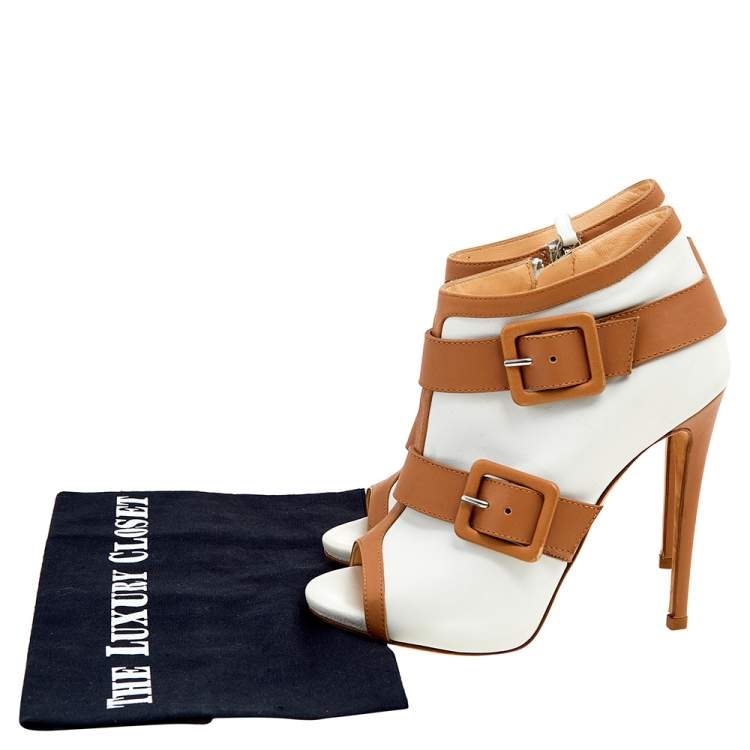 Pre Owned Giuseppe Zanotti White/Brown Leather Open Toe Booties Size 36