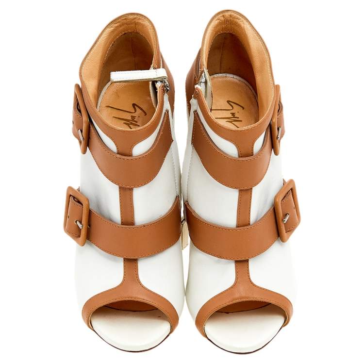 Pre Owned Giuseppe Zanotti White/Brown Leather Open Toe Booties Size 36