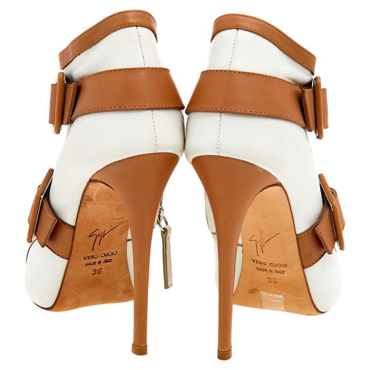 Pre Owned Giuseppe Zanotti White/Brown Leather Open Toe Booties Size 36