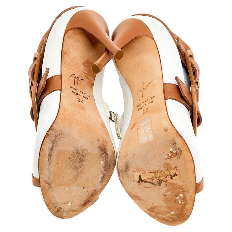 Pre Owned Giuseppe Zanotti White/Brown Leather Open Toe Booties Size 36