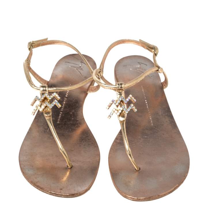 Pre Owned Giuseppe Zanotti Metallic Gold Leather Thong Flat Sandals Size 39