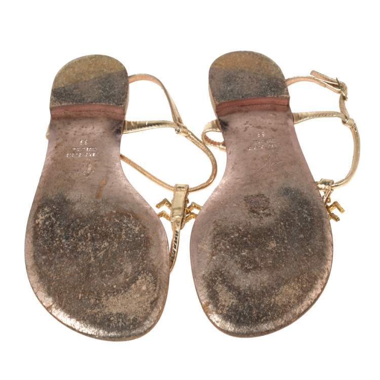 Pre Owned Giuseppe Zanotti Metallic Gold Leather Thong Flat Sandals Size 39