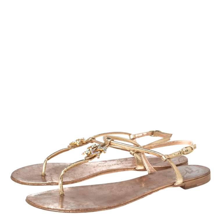 Pre Owned Giuseppe Zanotti Metallic Gold Leather Thong Flat Sandals Size 39