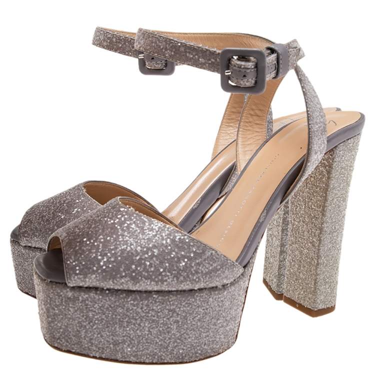 Pre Owned Giuseppe Zanotti Grey Coarse Glitter Ankle Strap Platform Sandals 38