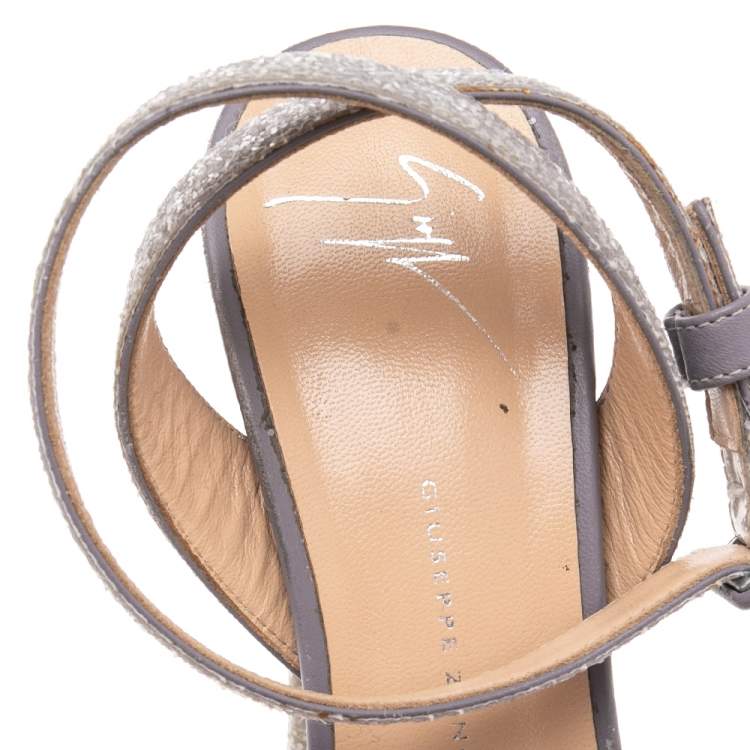 Pre Owned Giuseppe Zanotti Grey Coarse Glitter Ankle Strap Platform Sandals 38