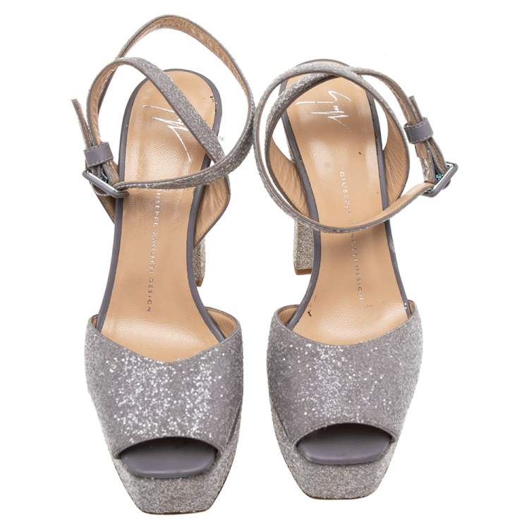 Pre Owned Giuseppe Zanotti Grey Coarse Glitter Ankle Strap Platform Sandals 38