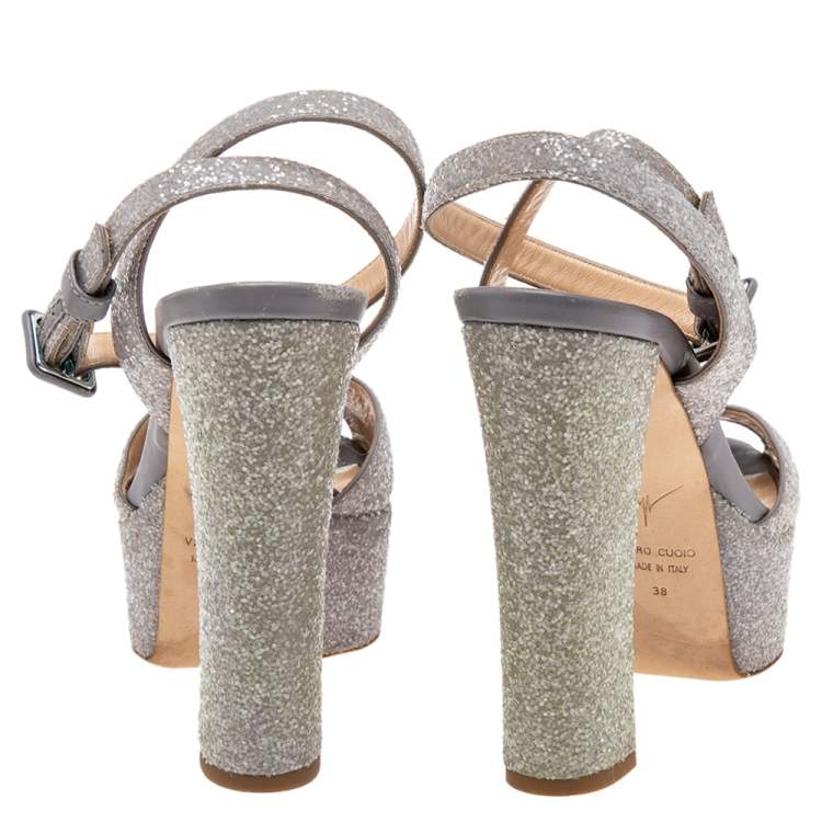 Pre Owned Giuseppe Zanotti Grey Coarse Glitter Ankle Strap Platform Sandals 38