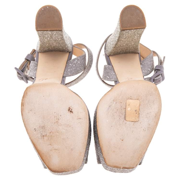 Pre Owned Giuseppe Zanotti Grey Coarse Glitter Ankle Strap Platform Sandals 38