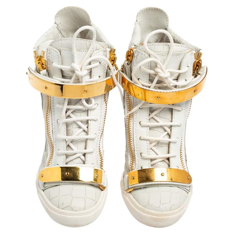 Pre Owned Giuseppe Zanotti White Croc Embossed Leather Coby High-Top Sneakers Size 38