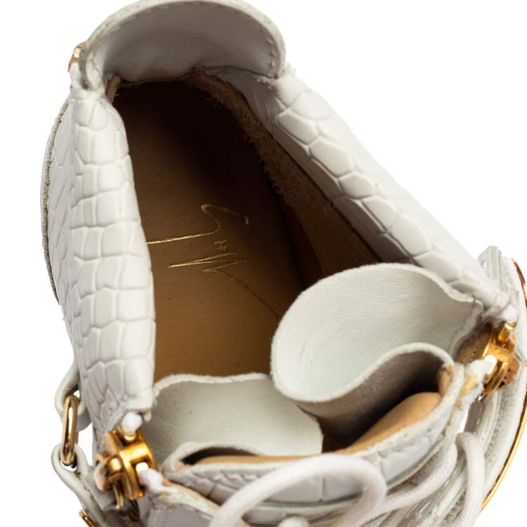 Pre Owned Giuseppe Zanotti White Croc Embossed Leather Coby High-Top Sneakers Size 38
